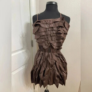 Juniors Y2K Vintage Zoompy Brown Tiered Ruffle Mini Dress Medium 90’s Retro